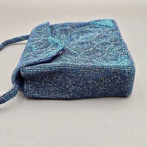VTG Beaded Purse Made in Japan Blue Mosaic Iridescent Evening Bag Top Handle 60s - Picture 5 of 14